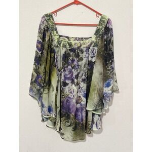 French Blue Green/Purple Square Neck Tunic Women's 3X Fairycore Whimsical Flowy